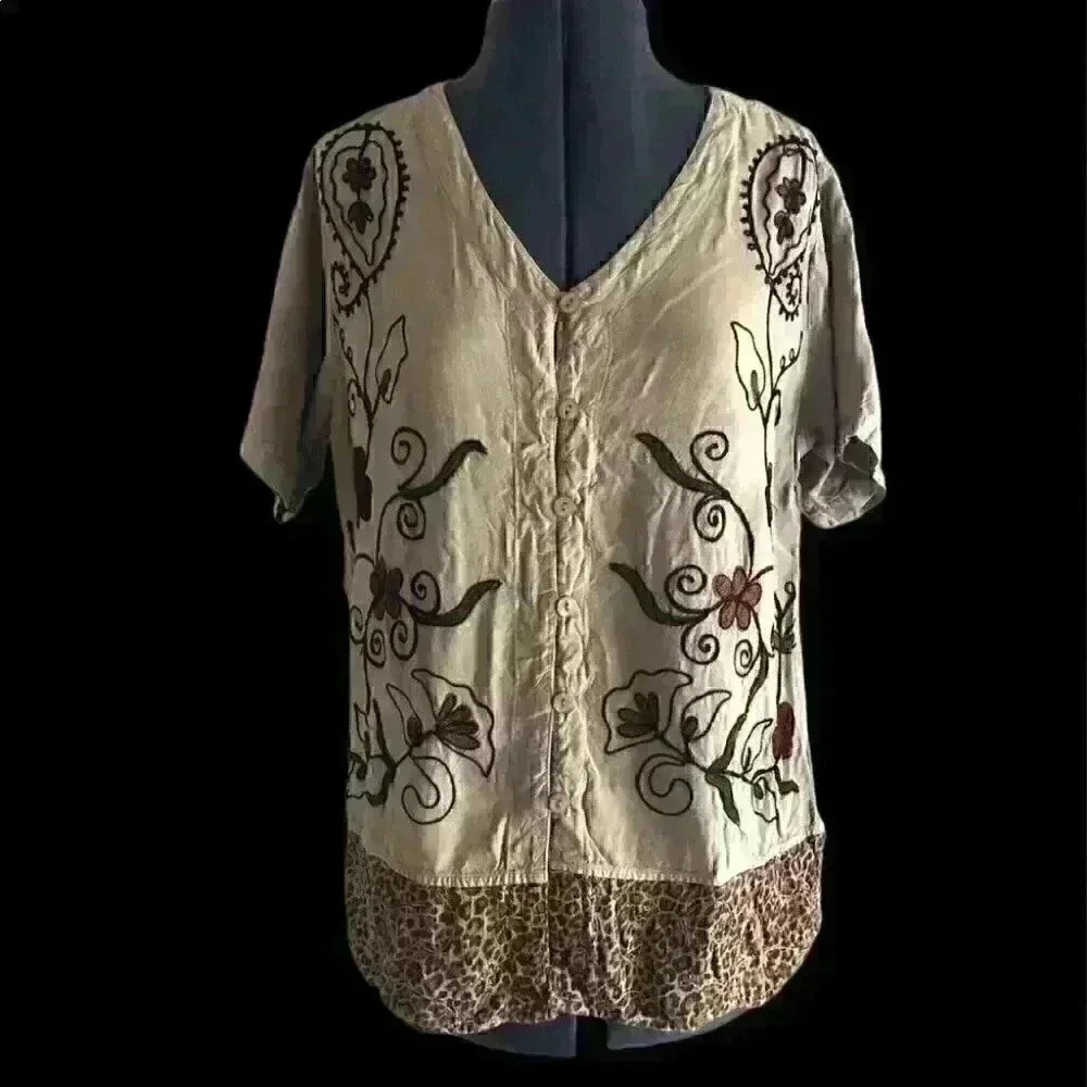 Vtg Speed Start Brown short sleeve embroidered button blouse top large - Picture 1 of 6